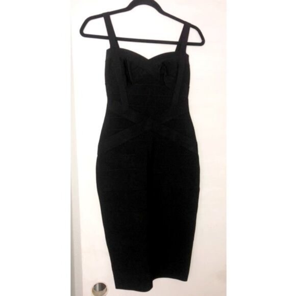 TOXIC ENVY BOUTIQUE-- WOMENS BLACK THICK STRETCHY MIDI BANDAGE DRESS SIZE LARGE - Picture 3 of 7